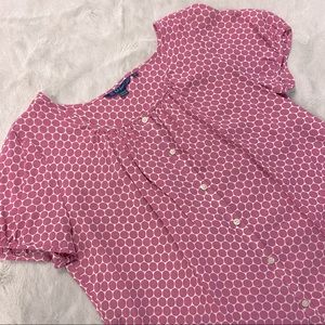 Boden short sleeve button down blouse off white pink polka dots size 16